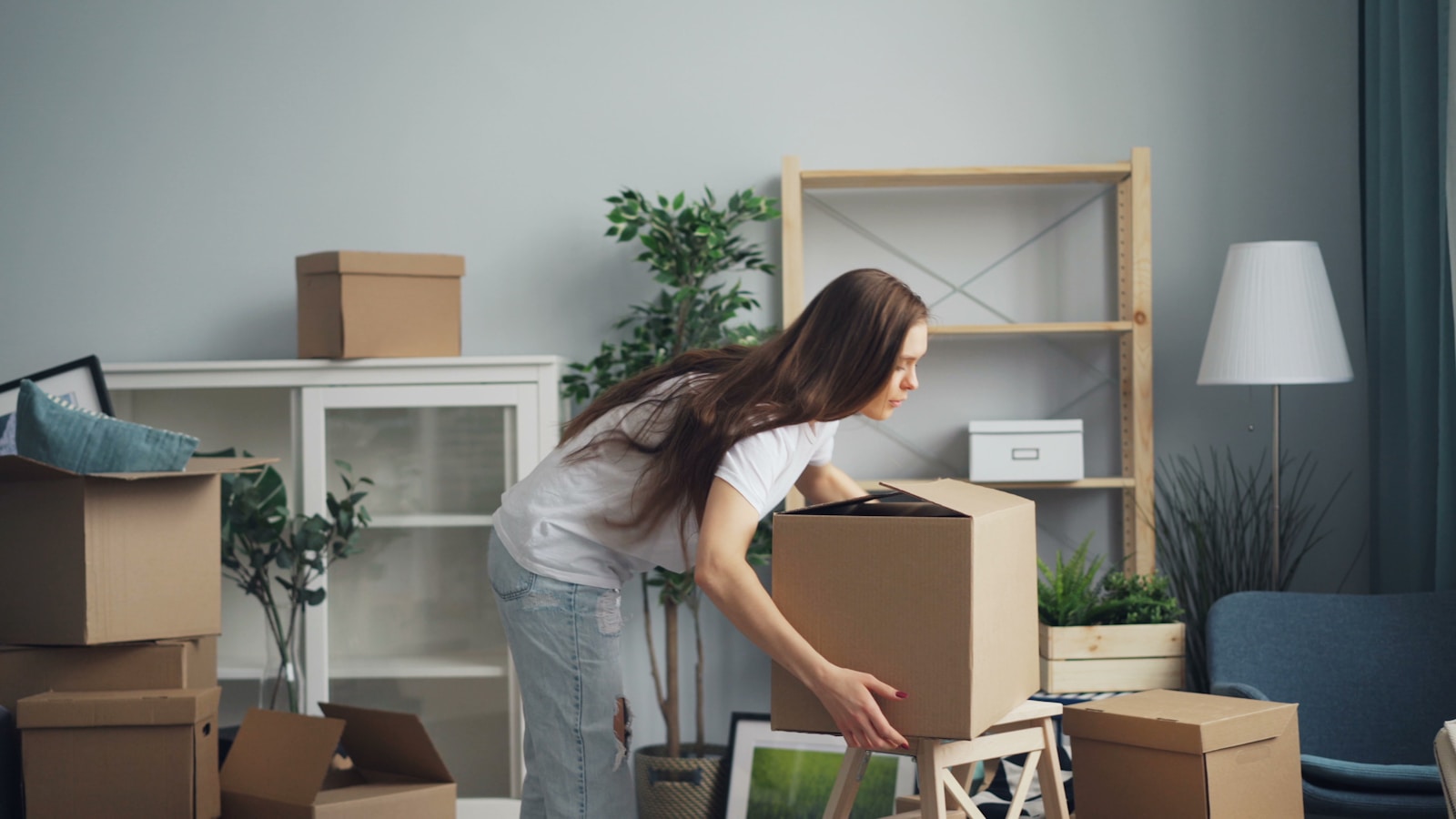 A carefully packed home mid-move, boxes wrapped and ready